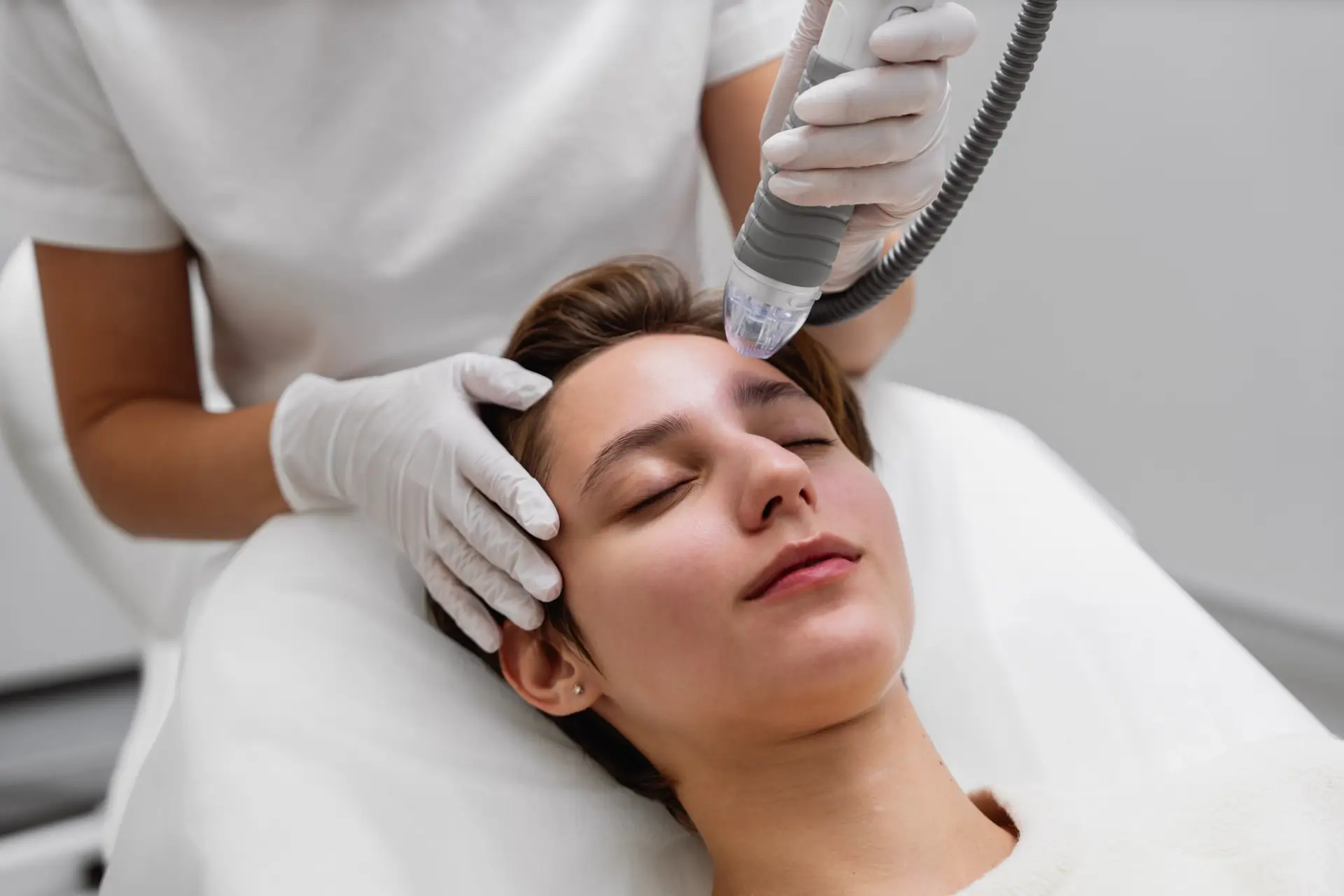 A practitioner steadies a client's forehead while guiding a laser handpiece across her cheek during a resurfacing treatment